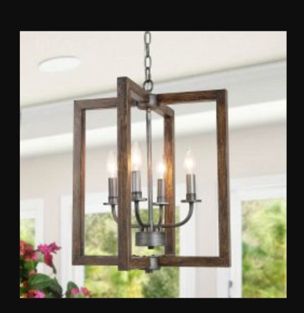 LNC Brown Caged Chandelier Faux Wood 4-Light Brushed Silver Pendant Light NEW